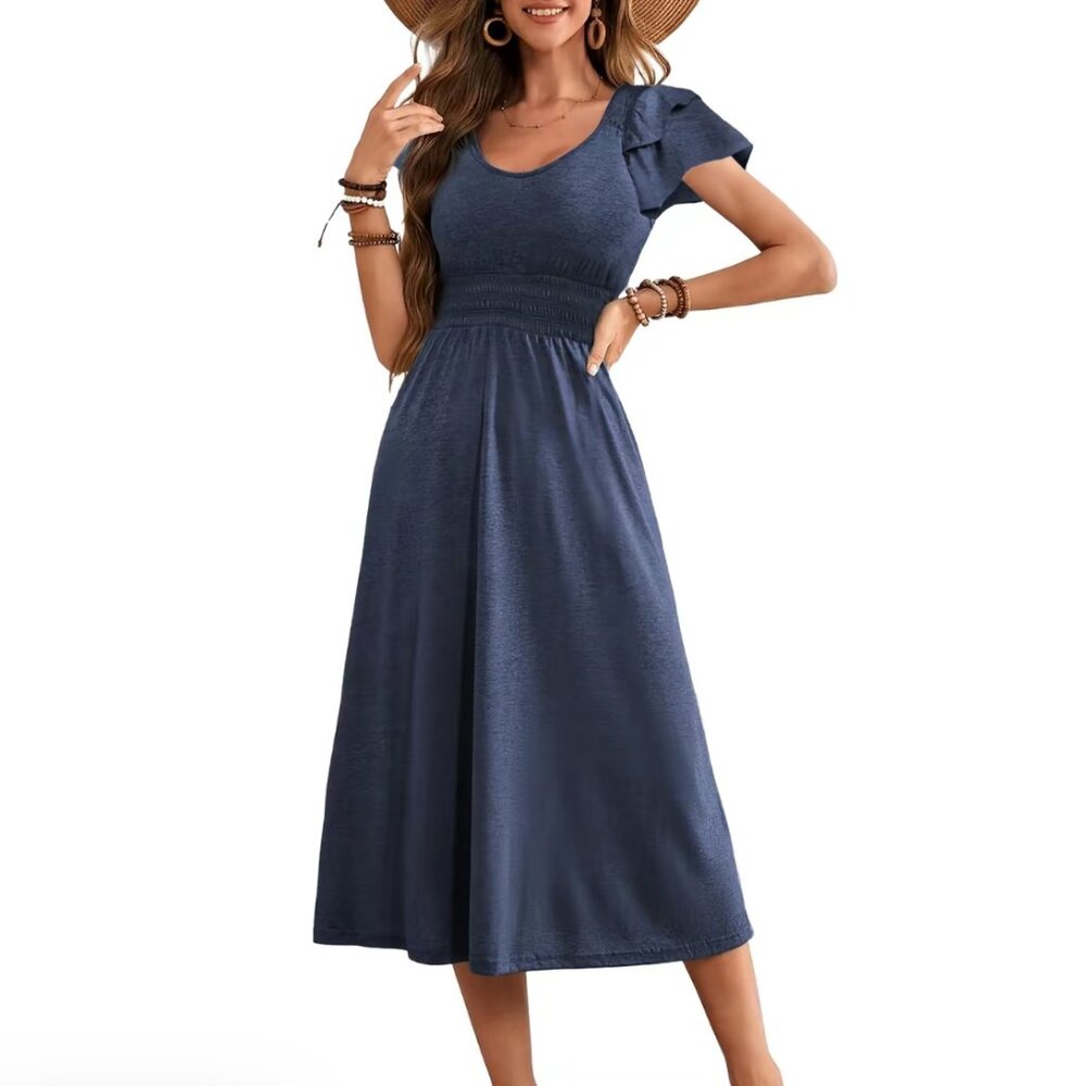 Dokotoo Navy Blue Flutter Sleeve Smocked Waist Midi Dress, XL, NWT
